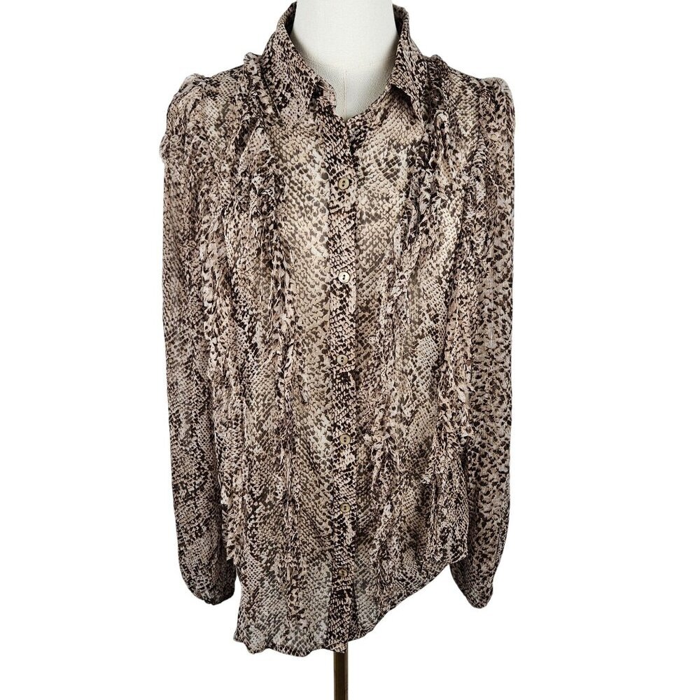 Chico's Shirt Size 1 Medium Snakeskin Animal Print Fringe‎ Front Button Down